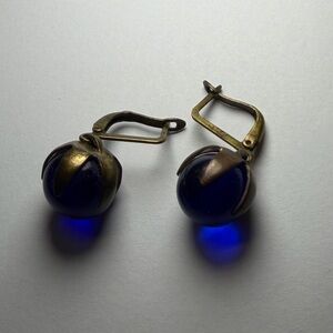 Vintage cobalt blue glass orb pool of light style earrings, French hooks